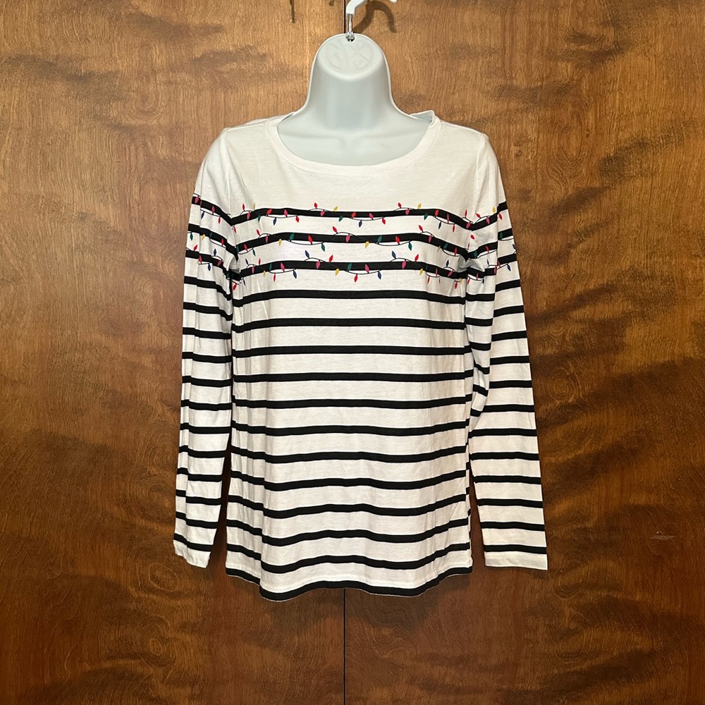 Loft Outlet Long Sleeve Christmas Lights Tee Womens XS Black & White Stripes NWT